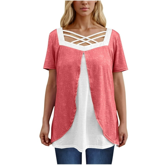 AVTOIFY Summer Womens Blouses Dressy Casual, Women's Color Blocked V-Neck Size Short Sleeved Top Watermelon Red S