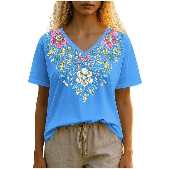 AVTOIFY Summer Womens Blouses Dressy Casual, Women's Fashion Casual Comfortable Printed Short Sleeved V-Neck T-Shirt Blouse Blue S