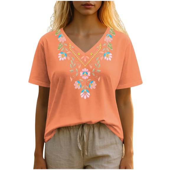 AVTOIFY Summer Womens Blouses Dressy Casual, Women's Fashion Casual Comfortable Printed Short Sleeved V-Neck T-Shirt Blouse Orange S