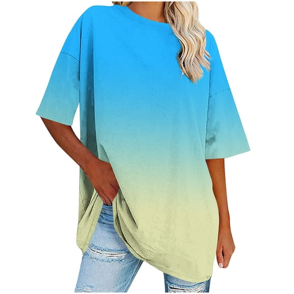 AVTOIFY Summer Womens Blouses Dressy Casual, Women's Oversized Round Neck Short Sleeved Solid Summer Base Shirt Sports T-shirt Tops Blue M