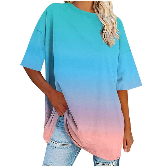 AVTOIFY Summer Womens Blouses Dressy Casual, Women's Oversized Round Neck Short Sleeved Solid Summer Base Shirt Sports T-shirt Tops Pink S
