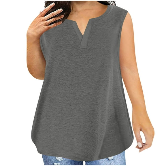 AVTOIFY Summer Womens Blouses Dressy Casual, Women's Solid Color Button Up Camisole Sleeveless V-neck T-shirt Slim Gray M