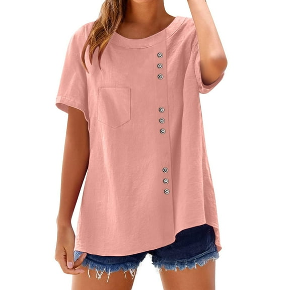 AVTOIFY Summer Womens Blouses Dressy Casual, Women's Solid Color Imitation And Linen Short Sleeved Round-neck Pullover With Button Down Hem Fashion Blouses Pink S