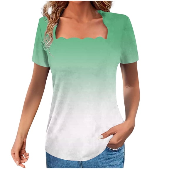 AVTOIFY Summer Womens Blouses Dressy Casual, Women's Solid Color Neck Lace T-shirt Loose Top Green L