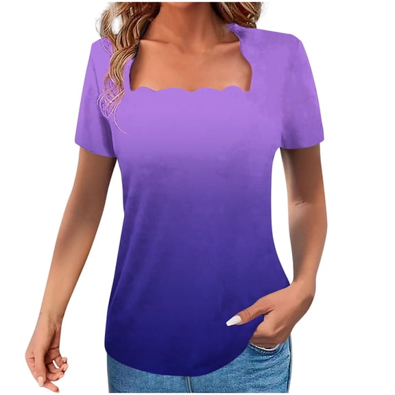 AVTOIFY Summer Womens Blouses Dressy Casual, Women's Solid Color Neck Lace T-shirt Loose Top Purple S