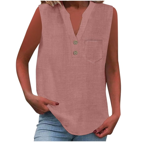 AVTOIFY Summer Womens Blouses Dressy Casual, Women's Solid Color V-Neck Button Sleeveless Pocket Pullover Fashionable Tank Pink S