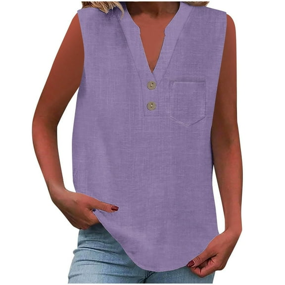 AVTOIFY Summer Womens Blouses Dressy Casual, Women's Solid Color V-Neck Button Sleeveless Pocket Pullover Fashionable Tank Watermelon Red XXL
