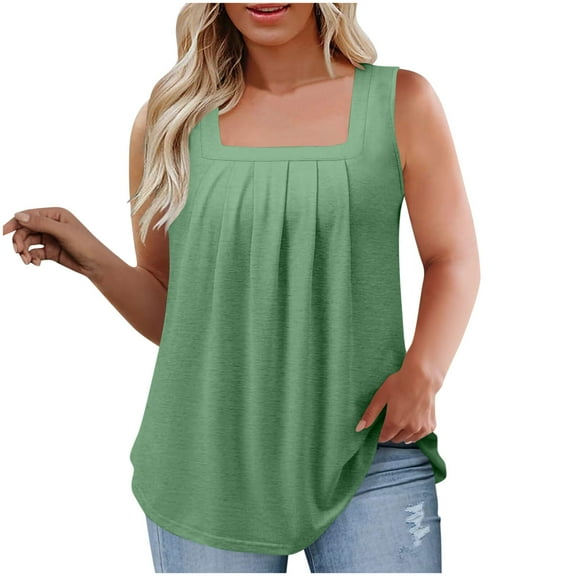 AVTOIFY Summer Womens Blouses Dressy Casual, Women's Summer Solid Color Size Neck Sleeveless Pleated Mint Green XL