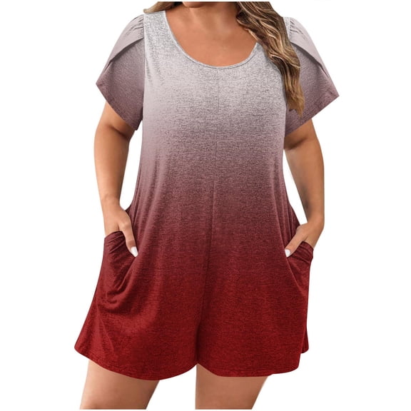 AVTOIFY Summer Womens Shorts Casual, Fashion Women's Round Neck Short Plus Size Puff Sleeve Printing Pockets Casual Trendy Jumpsuit Wine S