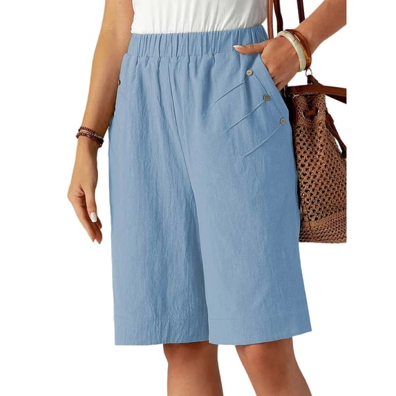 AVTOIFY Summer Womens Shorts Casual, Spring Summer Fashion Casual Solid Color Drawstring Outwear Linen Half Shorts Pants for Women Light Blue XL