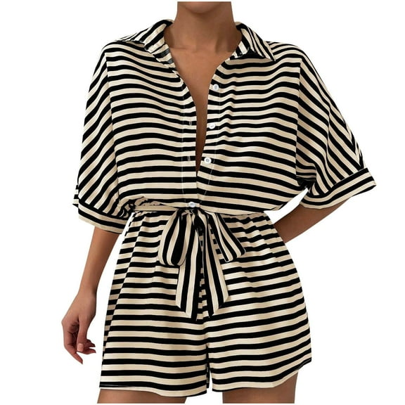 AVTOIFY Summer Womens Shorts Casual, Women Fashion Stripe Flip Collar Cardigan Button Mid Sleeve Belt Jumpsuit Shorts Khaki M