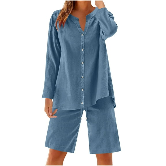 AVTOIFY Summer Womens Shorts Casual, Women Loose Casual Solid Color and Flax Round Neck 3/4Sleeve Tops Shorts Outwear Set Light Blue XXXXXL