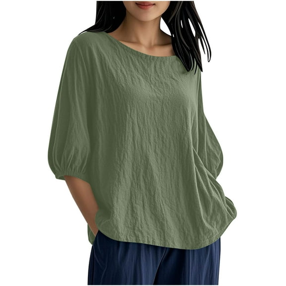 AVTOIFY Summer Womens Shorts Casual, Women Loose Casual Solid Color and Flax Round Neck Lantern Sleeves 3/4Sleeve Tops Army Green S