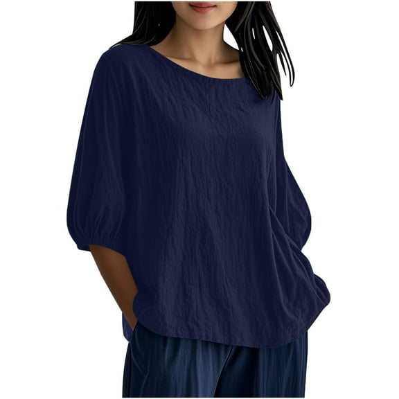 AVTOIFY Summer Womens Shorts Casual, Women Loose Casual Solid Color and Flax Round Neck Lantern Sleeves 3/4Sleeve Tops Navy S