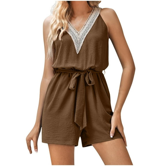 AVTOIFY Summer Womens Shorts Casual, Women’s Casual Fashion Print Short Jumpsuit Coffee XL