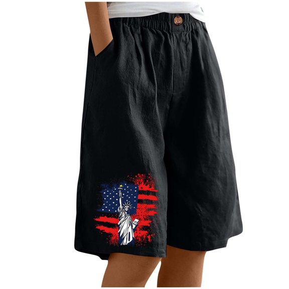 AVTOIFY Summer Womens Shorts Casual, Women's Casual Printed Half Shorts Pants Summer Elastic Waist Buttons Casual Pockets Pants Black M