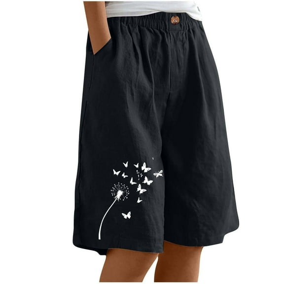 AVTOIFY Summer Womens Shorts Casual, Women's Casual Printed Half Shorts Pants Summer Elastic Waist Buttons Casual Pockets Pants Black S