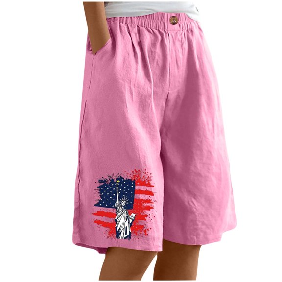 AVTOIFY Summer Womens Shorts Casual, Women's Casual Printed Half Shorts Pants Summer Elastic Waist Buttons Casual Pockets Pants Pink L