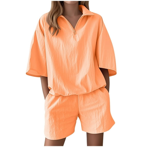 AVTOIFY Summer Womens Shorts Casual, Women's Summer Casual Solid Color Short Sleeved Shorts Two-piece Set Orange L