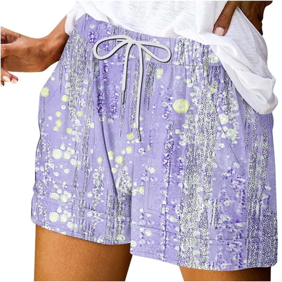 AVTOIFY Summer Womens Shorts Casual, Women's Summer Printed Pocket Bandage Shorts Casual Pants Purple XL