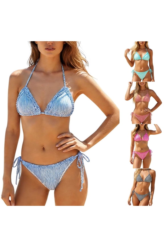 Women Fashion Ruffle Bikinis Tops Swimsuit Split Solid Color Lace Up Striped Swimsuit