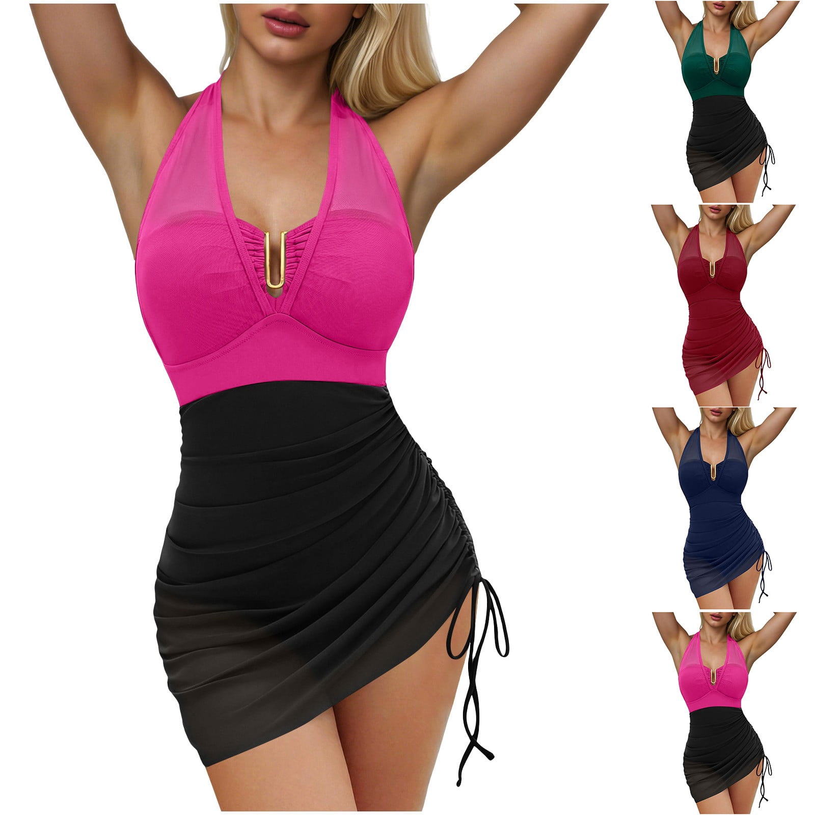 AVTOIFY Women Swim Dress One-Piece Bikini Set Swimsuits Mesh Sheer