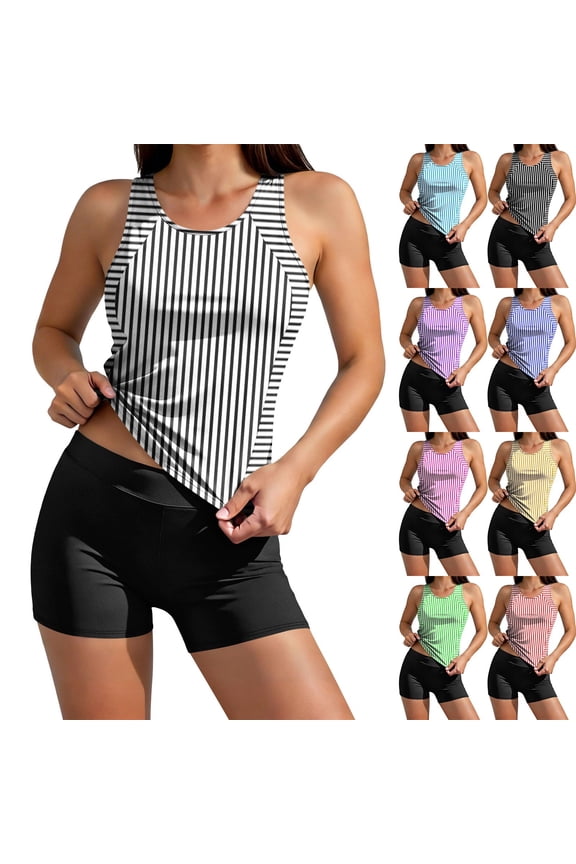 Women's Conservative-piece Bikinis Tops Swimsuit Set With Padded Bra Sleeveless Round Neck-piece Casual Printed Swimsuit