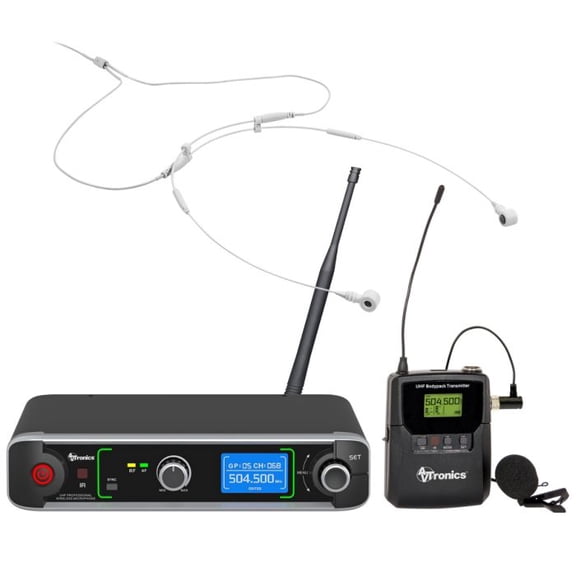 AVTronics 200 Channel Mic with Both Lapel and Collar Worn Mic - White | Professional Wireless Microphone System with 200 Channels, Nearly Invisible Collar Mic, and Up to 200 Feet Range