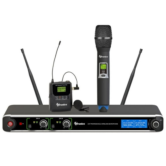 AVTronics 200 Channel UHF Wireless 2 Mic System with Handheld and Lapel Mics, Rack Mount Ears, and FREE Lifetime Tech Support