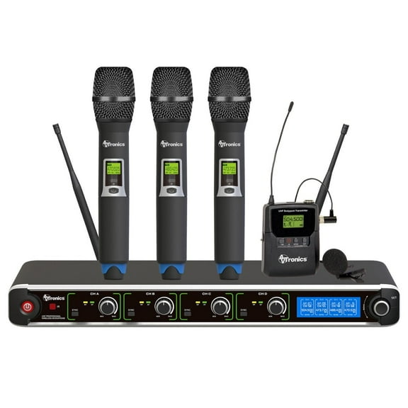 AVTronics Professional Wireless Microphone System | 200 Channels, 3 Handheld Mics, and 1 Lapel | Exceptional Sound Quality and Versatile Audio Solution