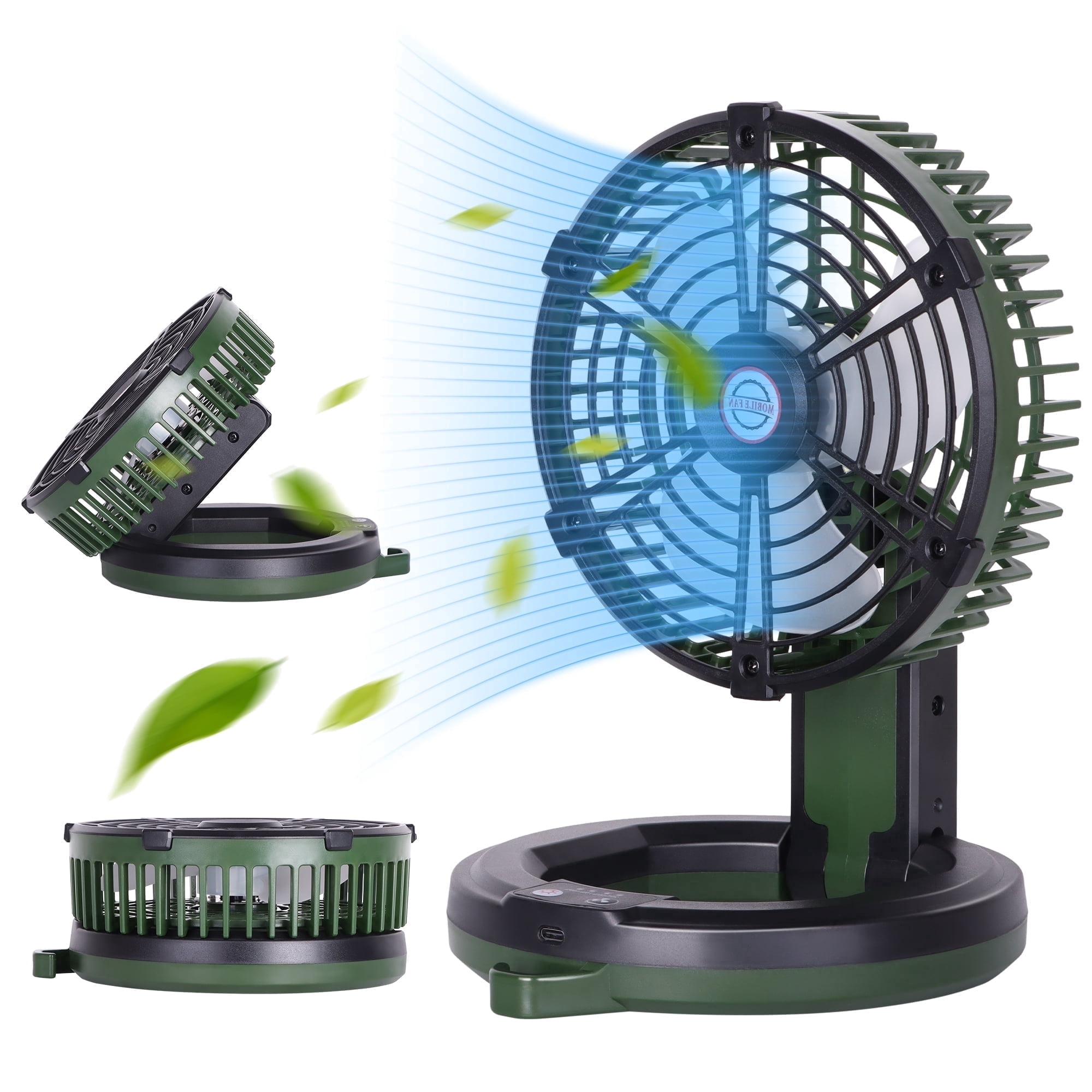 Final Sale Camping Fan with Light for Tents Portable Fan Battery Operated Rechargeable Fan Foldable USB Small Table Fans for Travel, Office,Indoors Green