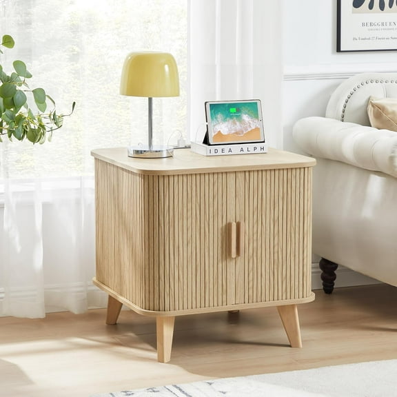 AVZEAR 24" Large Square End Table with Charging Station, Farmhouse Fluted Sofa Side Table with Sliding Tambour Door & Storage, Curved Rustic Wood Nightstand for Living Room, Bedroom, Natural