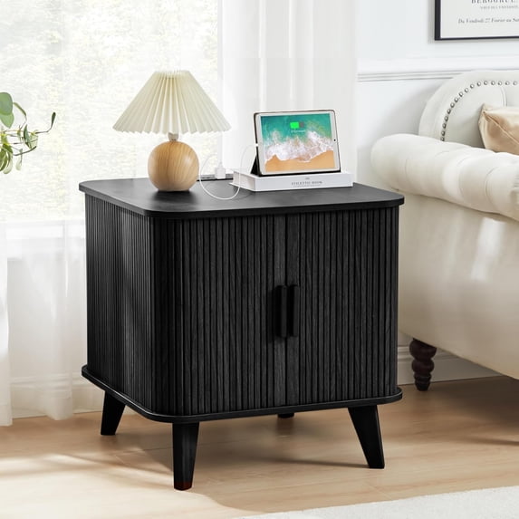AVZEAR 24" Large Square End Table with Charging Station, Farmhouse Fluted Sofa Side Table with Sliding Tambour Door & Storage, Curved Rustic Wood Nightstand for Living Room, Bedroom, Black