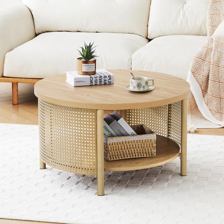 AVZEAR 31.5" Round Coffee Table for Living Room, 2-Tiered Iron Rattan Center Table Boho Modern Coffee Table with Storage, Wooden Circle Coffee Tables for Home, Office, Cafe, Natural Color