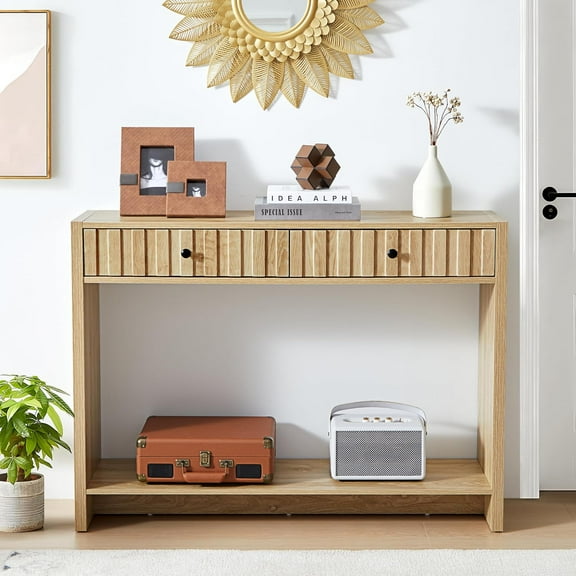 AVZEAR Entryway Console Table with Fluted Drawers, Mid Century Entryway Table with Storage, 43" Long Couch Behind Sofa Narrow Tables for Living Room Hallway Entrance, Natural