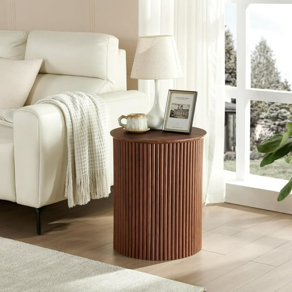 AVZEAR Fluted Round Side Table Small Mid Century End Table, 17.7" Fluted Nightstands Modern Circle Bedside Tables, Wood Night Stand for Small Spaces, Living Room, Bedroom (Rustic Walnut)