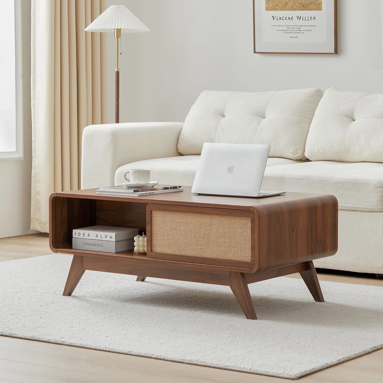 AVZEAR Mid Century Modern Coffee Table with Storage, Curved Edge Wood ...