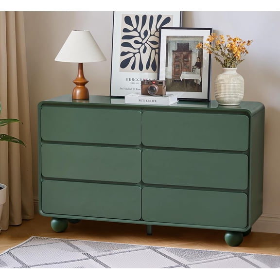 AVZEAR Modern 6 Drawer Green Dresser for Kids Bedroom, 48" Wide Wooden Dresser Chest of Drawers, Handle Free & Curved Profile Design, Mid Century Closet Clothes Storage Organizer for Living Room