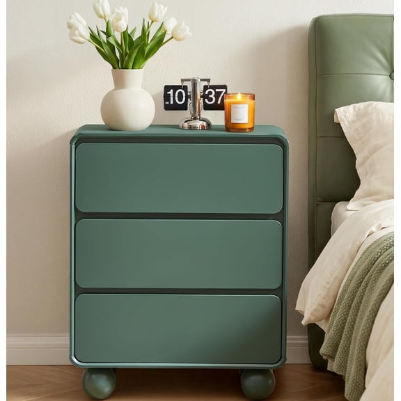 AVZEAR Modern3 Drawer Dresser for Bedroom, Curved Wooden Dresser Chest of Drawers, 3 Drawer Nightstand Closet Clothes Storage Organizer for Kids Bedroom, Living Room, Nursery, Green