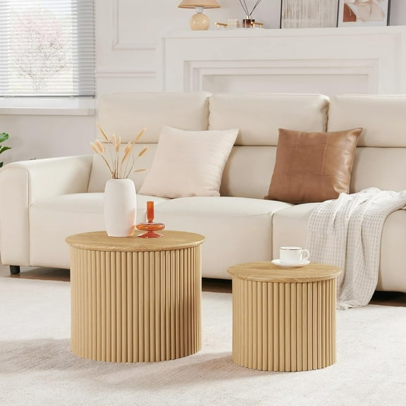 AVZEAR Round Nesting Coffee Table Set of 2, Small Fluted Coffee Table Circle Side Table, Boho Modern Wood Nesting Tables Farmhouse End Table Set for Living Room, Bedroom, Small Spaces(Natural)
