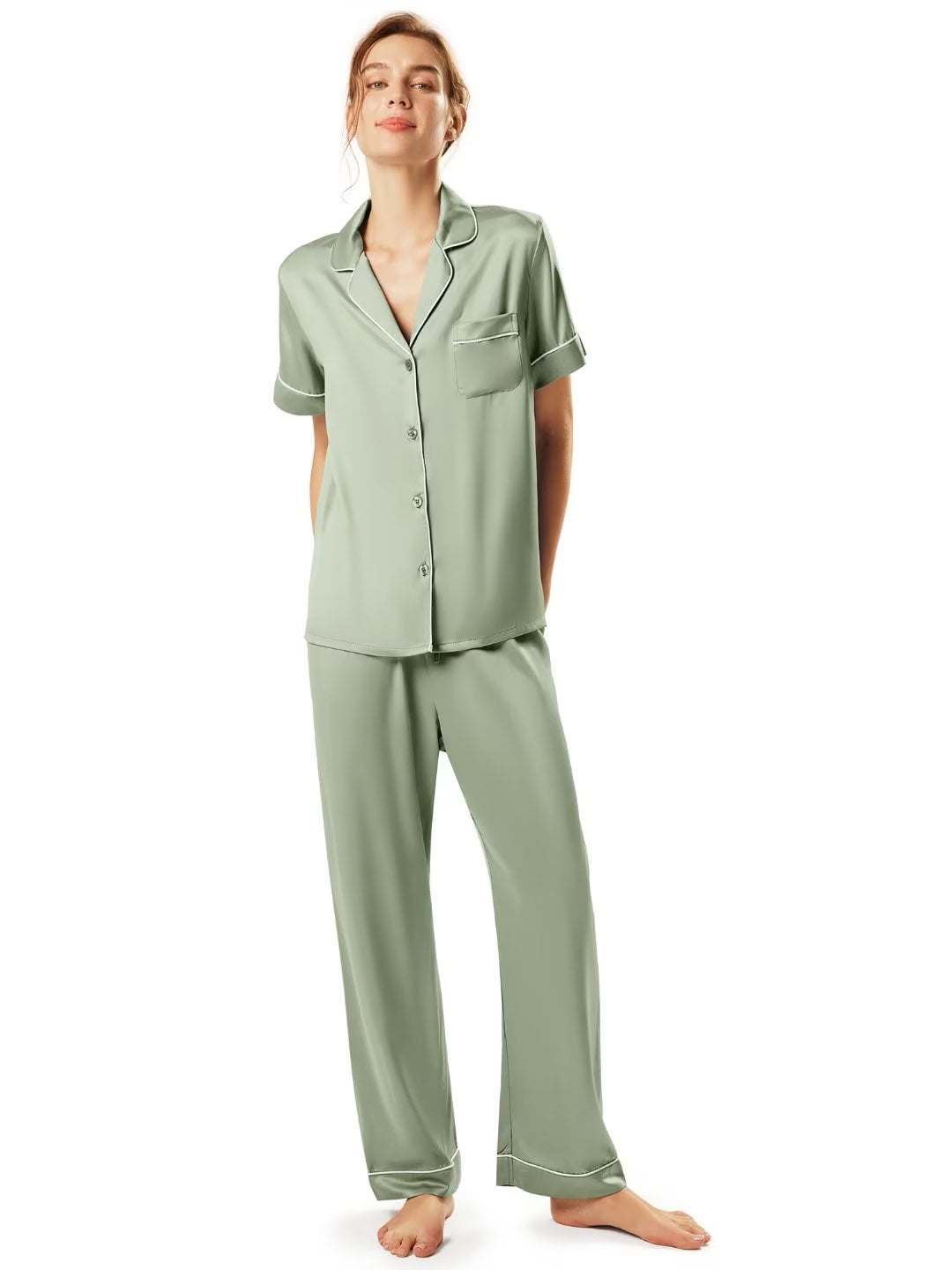 AW BRIDAL Silk Pajamas for Women Bridesmaids Satin Pajama Set Button Down  Two Piece Sleepwear Loungewear, Sage Green M