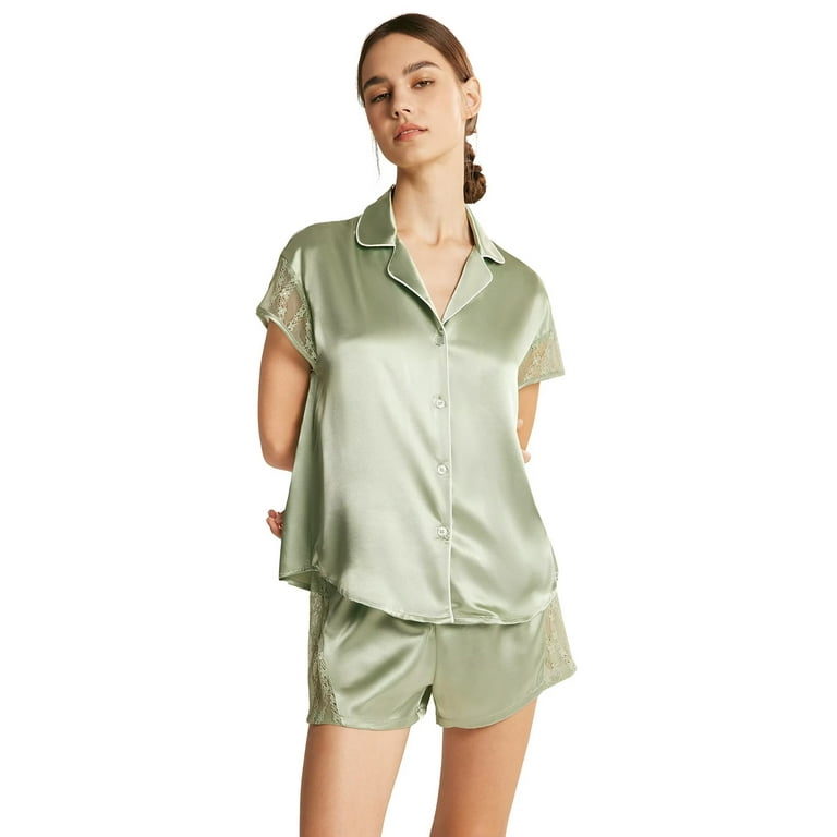 AW BRIDAL Women s Silk Pajama Set Bride Bridesmaid Pajamas Short Button Up Pajamas for Women Lace Pj Sets Sage Green S