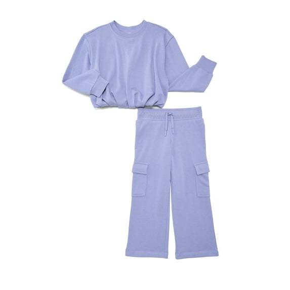 Athletic Works Girl’s Bubble Fleece Pullover and Wide Leg Cargo Set, 2-Piece, Sizes 4-18 & Plus