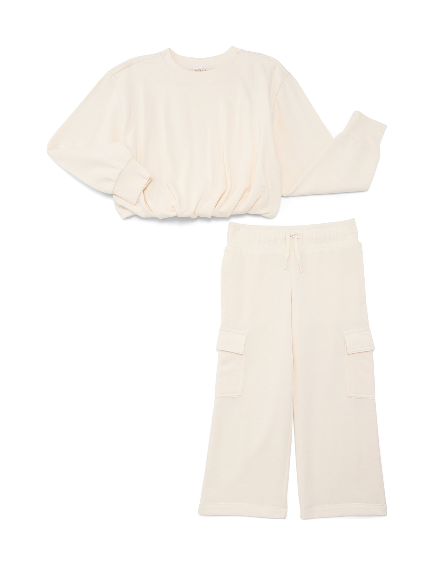 Athletic Works Girl’s Bubble Fleece Pullover and Wide Leg Cargo Set, 2-Piece, Sizes 4-18 & Plus