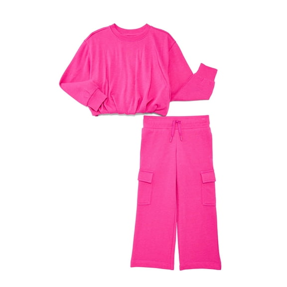 Athletic Works Girl’s Bubble Fleece Pullover and Wide Leg Cargo Set, 2-Piece, Sizes 4-18 & Plus