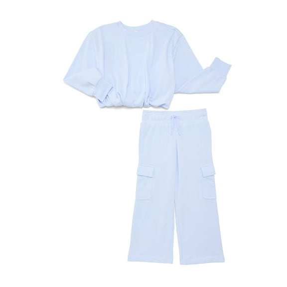 Athletic Works Girl’s Bubble Fleece Pullover and Wide Leg Cargo Set, 2-Piece, Sizes 4-18 & Plus