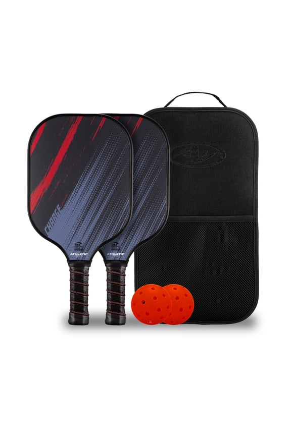 Charge Fiberglass 2-Player Pickleball Paddle Set, Includes 2 Paddles/2 Pickleballs/Carry Bag, Red