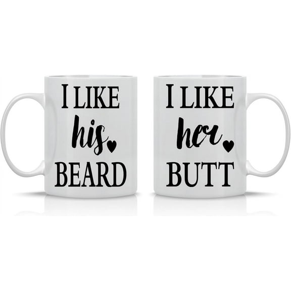 AW Fashions I Like His Beard, I Like Her Butt Couples Mug - Funny Couple Mug - (2) 11OZ Coffee Mug - Funny Mug Set - Mugs For boyfriend and Girlfriend and Husband and wife