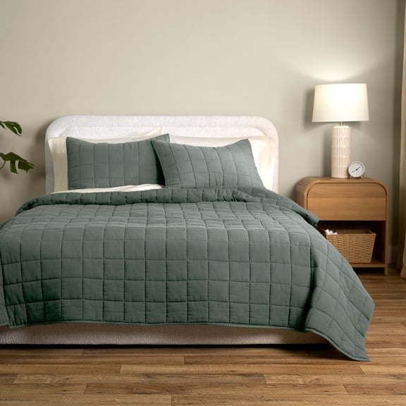 Allswell Linen Blend 3-Piece Quilt Set, Flagstone Green, Full/Queen