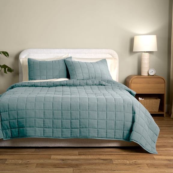Allswell Linen Blend 3-Piece Quilt Set, Blue Slate, Full/Queen